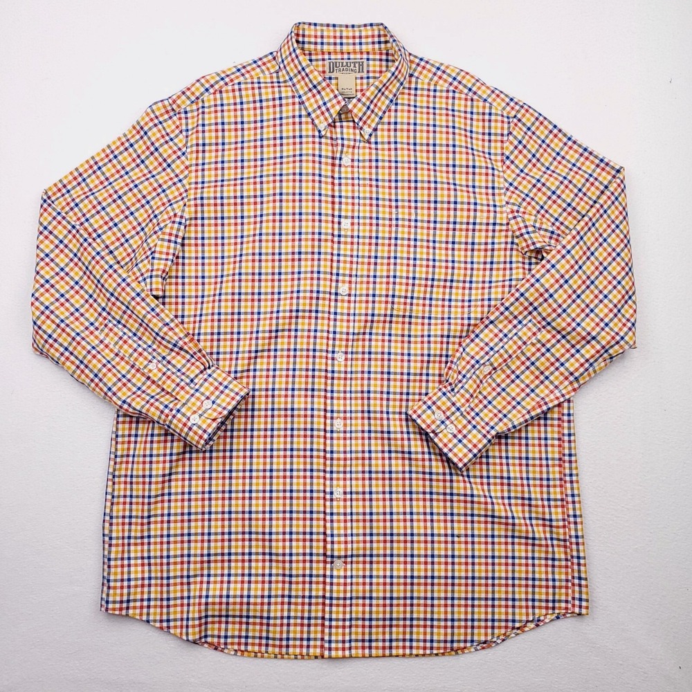 Duluth Trading Shirt Mens Extra Large Tall Yellow Red Blue Shepherd Check Madras